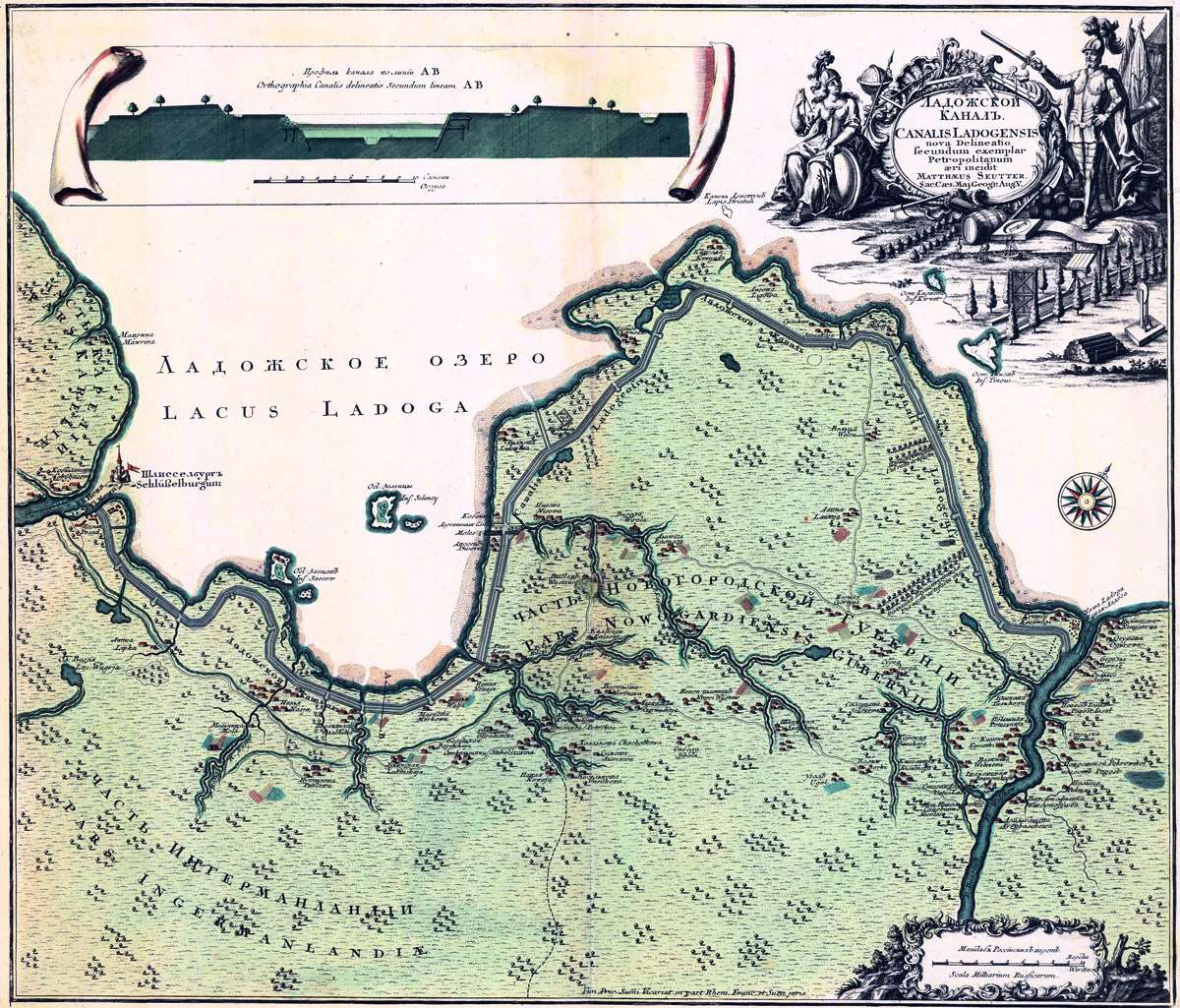 Карта-схема Ладожского канала и его профиль.