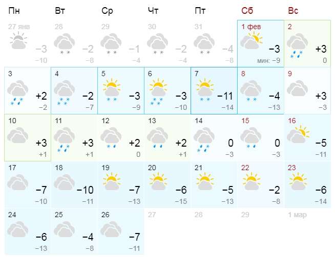 Прогноз погоды на февраль в Волховском районе